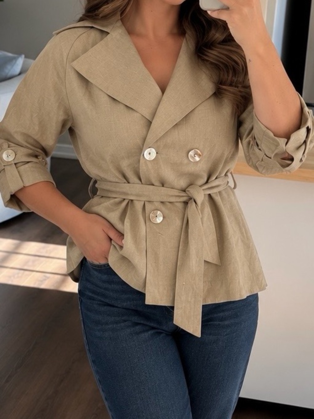 Staples 100% Linen Metallic Pale Gold Beige Shimmer Jacket Small Shell Buttons